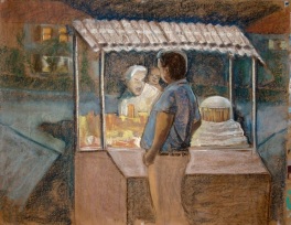Eating at Aru's - 35x45" - Pastel, chalk and charcoal on paper